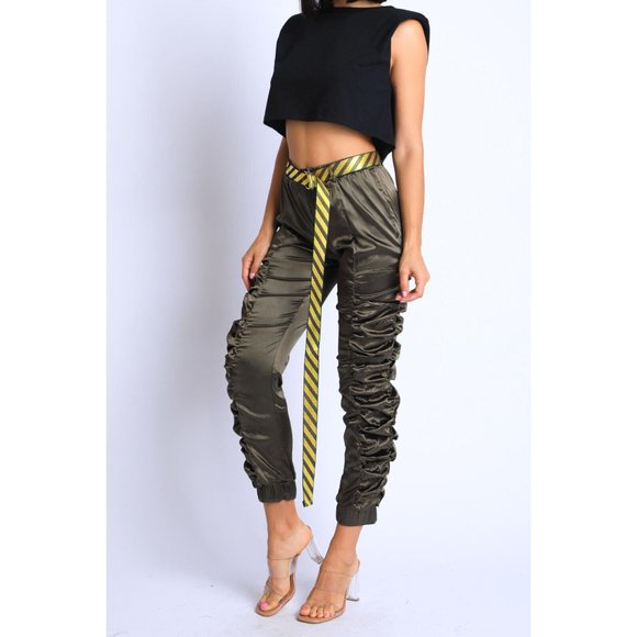 Women's Casual Satin Shirring Long Cuffed Pants With Belted Daily Outdoor Comfy - Picture 8 of 12